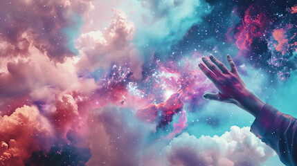 A person reaching out to touch or collect colorful nebula clouds shaped like traditional delight sweets. Generative AI - obrazy, fototapety, plakaty