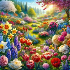 Naklejka na ściany i meble Enchanted Garden: Floral Paradise at Dawn