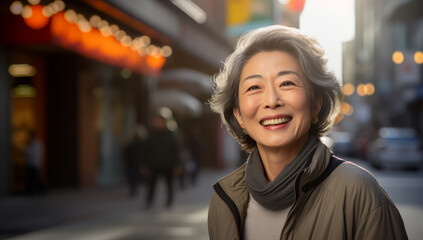 Senior smiling asian japanese woman stands in in a city street, an outdoor market with fresh fruit and veg. Food stalls store, admiring a colourful assortment of fresh vegetables at a supermarket - obrazy, fototapety, plakaty