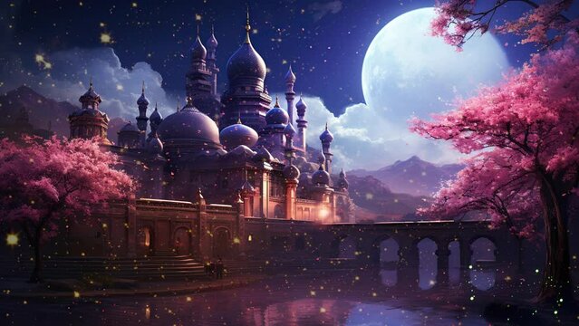 Arabic Mosque in Anime Style: Nighttime Sakura Elegance
