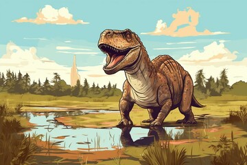 Illustration of fearsome dinosaur roaming the marshy terrain. Generative AI - obrazy, fototapety, plakaty
