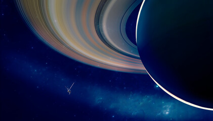 View of the planet Saturn with rings. Voyager probe in exploration around the planet. Solar system. 3d render. Element of this image is furnished by Nasa
