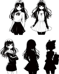 Character set of girls black and white in casual clothes, silhouetttes vector illustration isolated