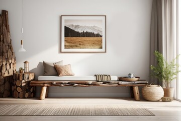 farmhouse interior home design of modern living room with rustic old wooden bench and art poster frame with wooden furniture and houseplants against white wall