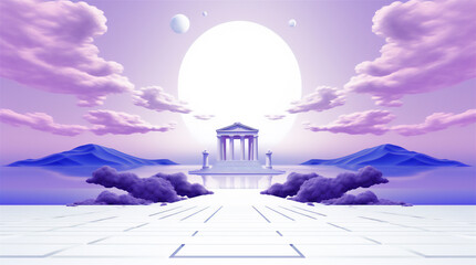 Veporwave background in blue tones, roman and platform 3D illustration