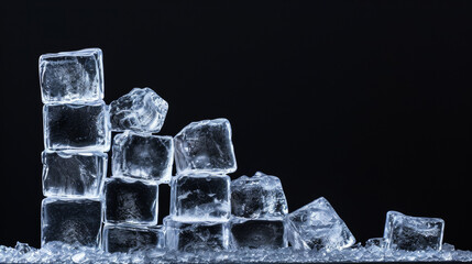 Ice cubes form a graphic of decreasing columns. Melting glaciers, decreasing water stock, climate change concept. Black background.