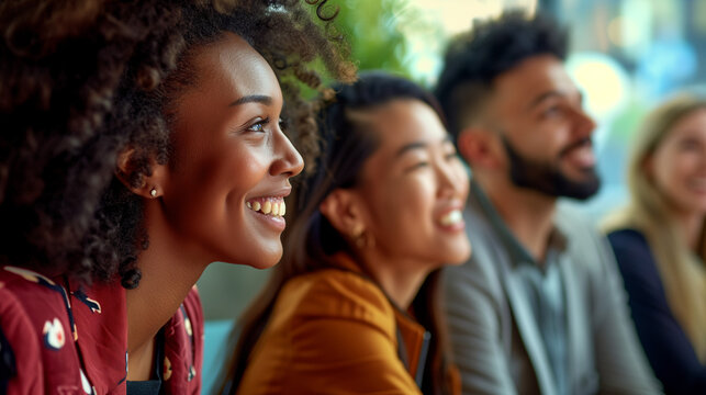 Diverse And Inclusive Group Of Office Colleagues Smiling At A Team Building Workshop Event, Workplace Race Inclusion And Diversity Concept