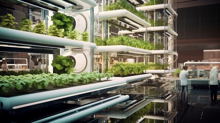 A high-tech agricultural facility with vertical farms and advanced crop cultivation