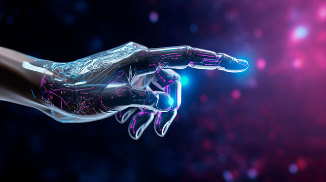 concept artificial intelligence technology. Robots hand in neon color indicating on empty space