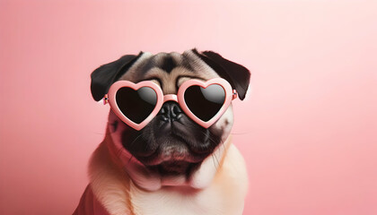 happy cute dog with a heart shaped sunglasses for valentine day, birthday or anniversary, on a pink background	 - obrazy, fototapety, plakaty