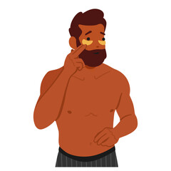 Fototapeta premium Modern Man Character Enhance His Allure By Applying Eye Patches Into Beauty Routine, Reducing Puffiness And Dark Circles