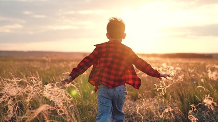 Positive boy runs along field with growing plants at sunset in autumn evening. Boy runs imitating flight with arms out to sides in rural nature with agriculture. Boy feels freedom running - obrazy, fototapety, plakaty