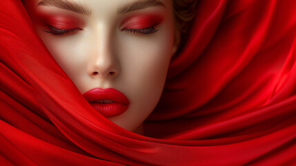 Captivating image a close up woman's face decorated with a with silk or satin cloth.  Surrealistic artwork. The intricate details, and utilize soft lighting. The magical and dreamlike ambiance. - obrazy, fototapety, plakaty