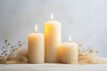 Fototapeta na wymiar white candles on the right, white background, space 2/3 for text 