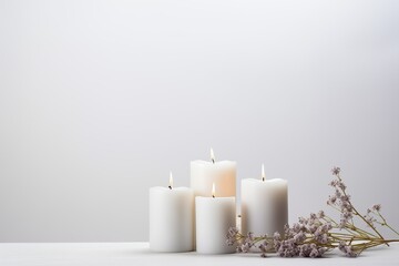 white candles on the right, white background, space 2/3 for text 