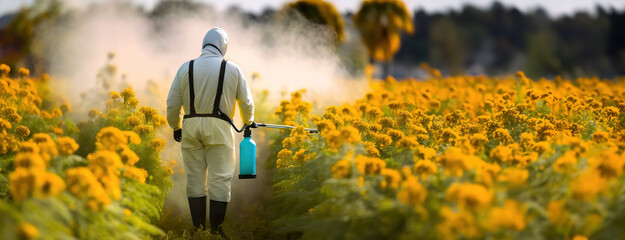 Pest Control Worker Spraying in Flower Field. A worker in protective clothing is spraying plants in a vibrant flower field, possibly for pest control or fertilization