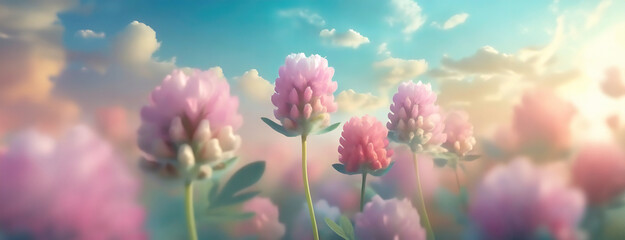 Colorful Clovers in Dreamy Pastel Cloudscape. Soft focus on gentle clovers rising towards a dreamy sky, with pastel clouds creating a serene, whimsical atmosphere.