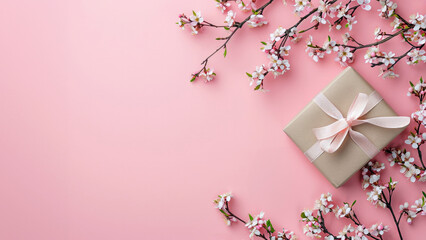 Gift box with cherry blossom on pink background. Flat lay, top view. High quality photo
