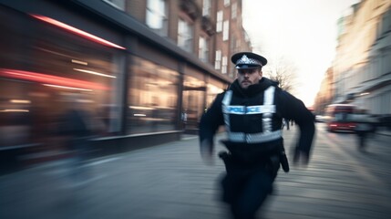 Full shot of UK policeman running through town centre, blurred background --ar 16:9 --style raw --stylize 50 Job ID: 8d3a583d-f8d8-4819-9ad2-d02e861297af