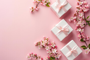 Spring flowers and gift boxes on pink background. Flat lay, top view. High quality photo