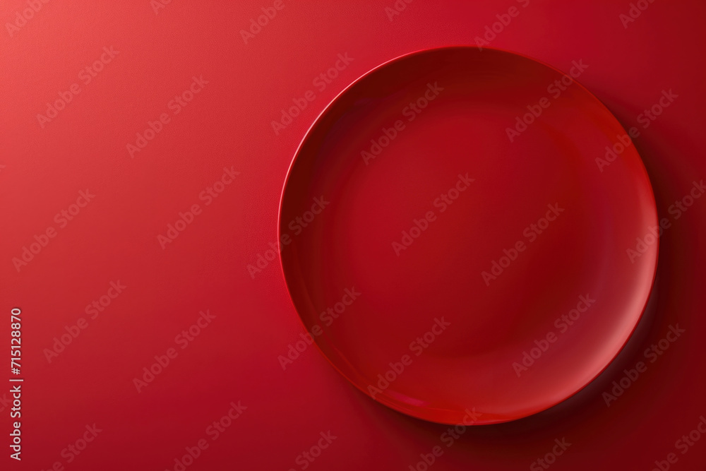 Poster empty red plate on red background with copy space. high quality photo