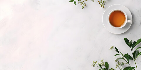 Tea Cup with White Flowers and Green Leaves on a Clean White Background - obrazy, fototapety, plakaty