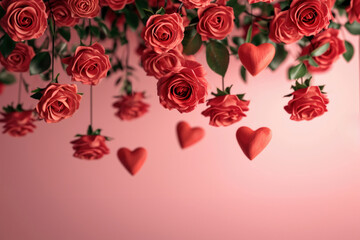 Valentine's day background with red roses and hearts on pink background. High quality photo