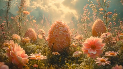 orange easter eggs in the grass in a landscape. flowers in the field