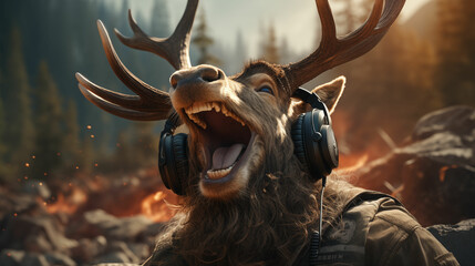 Anthropomorphic crazy deer in headphones. Modern AI generated vector illustration.