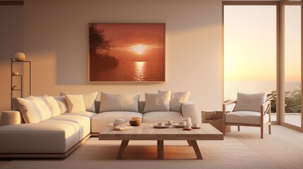 A modern minimalist living room with sleek furniture, bathed in the warm hues of a setting sun.