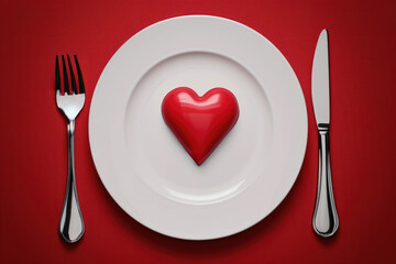 Fototapeta na wymiar Red heart on a plate with fork and knife on a red background. High quality photo