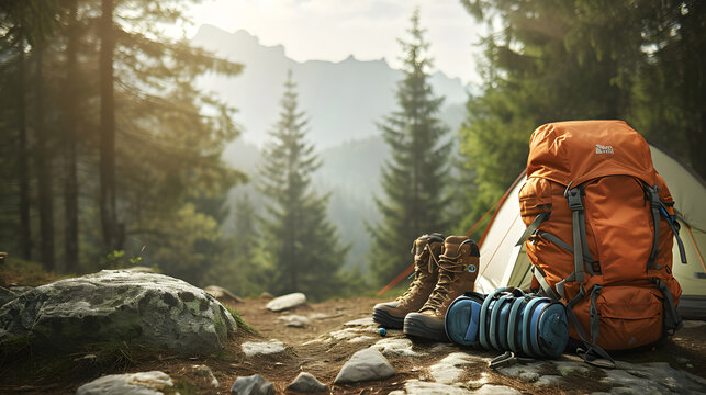 Mountain Hiking Camping Gear Banner with Backpack, Boots, and Tent in Forest
