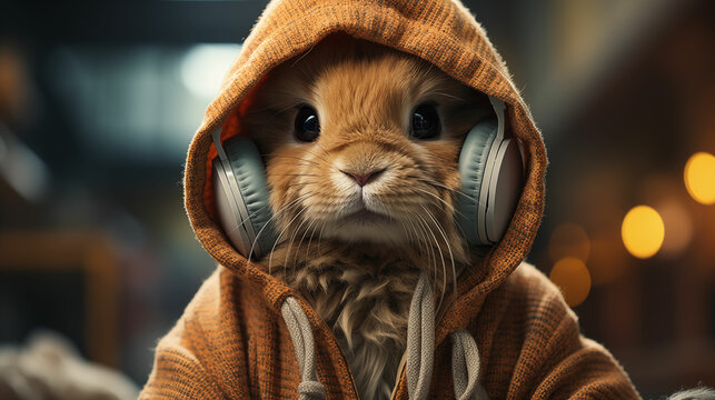 Serious rabbit listens to music in headphones and looks away. Generated with AI