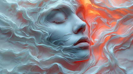 Captivating image a close up woman's face decorated with a with silk or satin cloth.  Surrealistic artwork. The intricate details, and utilize soft lighting. The magical and dreamlike ambiance.