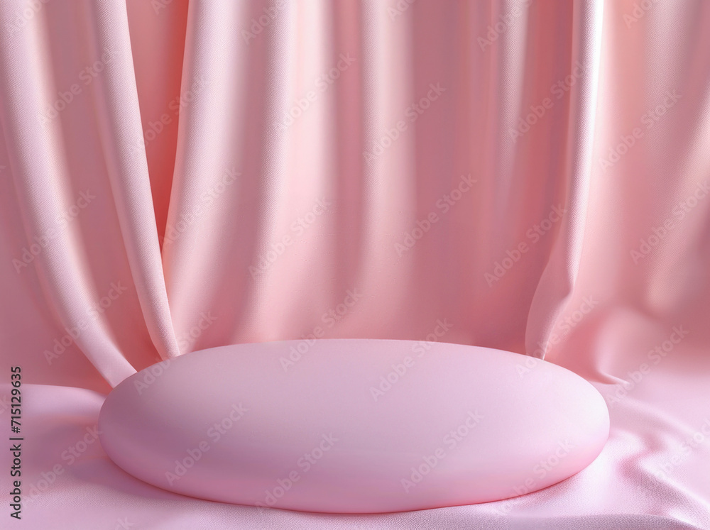 Aufkleber Pink circular platform with a smooth surface in front of pink curtains with a soft texture. Perfect for product display. High quality photo