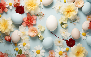 Fototapeta na wymiar an arrangement of easter eggs and flowers on blue background, top view