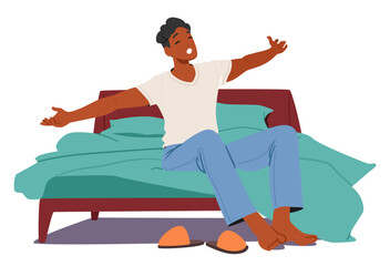 Man Awakens At Dawn, Greeted By The Gentle Embrace Of Sunlight. Male Character Stretching, He Rises From Slumber