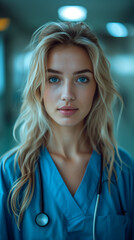 Fototapeta premium Focused Nurse in Scrubs with a Thoughtful Expression in Clinic