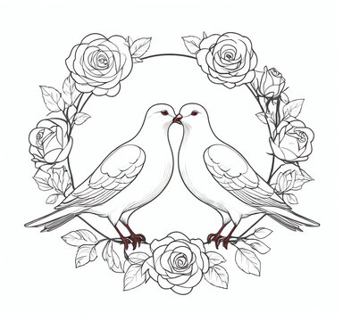 a pair of doves perched on a rose stem as a symbol of affection. valentine days for greeting cards, posters, or social media