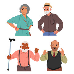 Senior People With Frowning Faces, Furrowed Brows, And Sharp Glares. Tension In Their Expressions Reveals Frustration