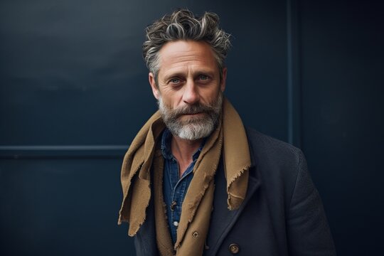 Portrait of a handsome senior man with a beard wearing a coat.