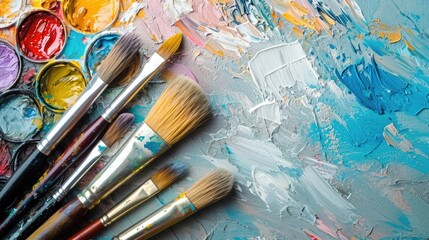 Fototapeta premium Painting supplies with different brushes and palettes on a white surface, illustrating the passion for painting