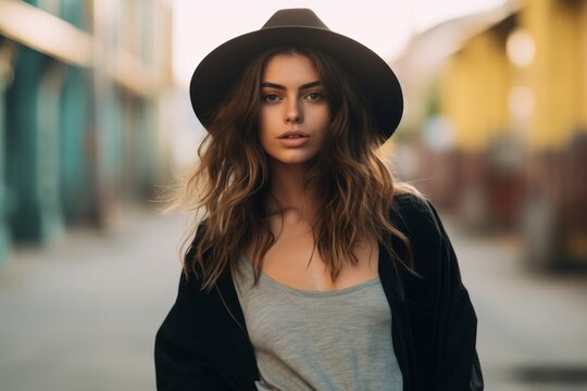 Portrait of a beautiful young woman in hat on the street.