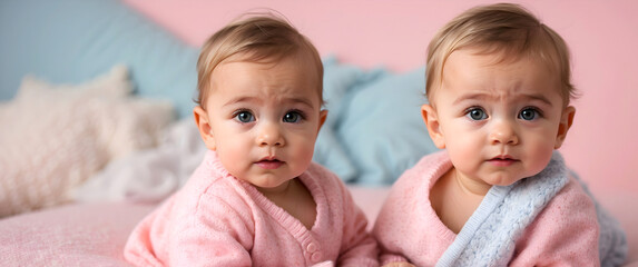 Cute little New born baby twins in pink portrait background, adorable toddler, wallpaper, banner with copy space area - obrazy, fototapety, plakaty