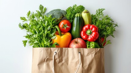 Fresh organic produce in a recyclable paper bag on a white background, concept of sustainable grocery shopping - obrazy, fototapety, plakaty