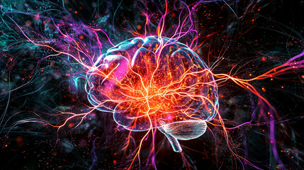 AI generated illustration of colorful glowing wires surround a vibrant blue and pink brain