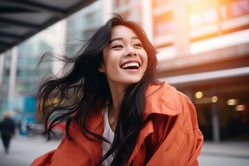 Portrait of a beautiful young asian woman in urban background. - obrazy, fototapety, plakaty