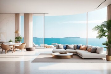 Interior home design of modern white sofa with a view of the sea lagoon in the large window on the luxurious terrace