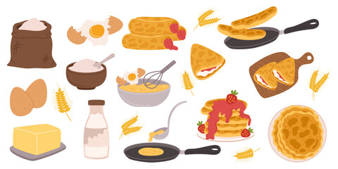 Cooking Pancake Items And Ingredients Vector Set. Mix Flour, Milk, Eggs, And A Pinch Of Salt. Pour Batter Onto a Griddle