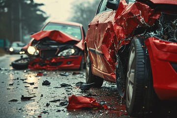Car accident scene with damaged vehicles - obrazy, fototapety, plakaty